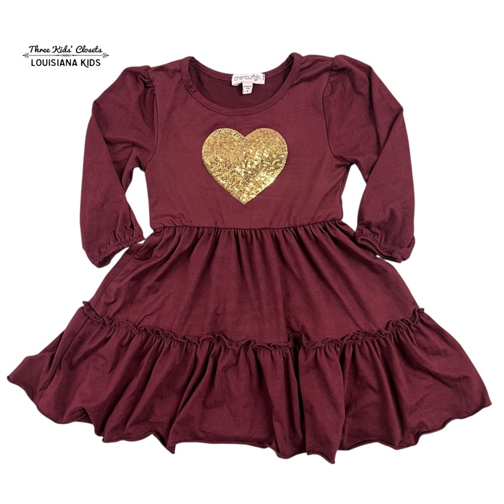 Chenault Girl 4Y Maroon & Gold Sequin Heart Twirl Dress